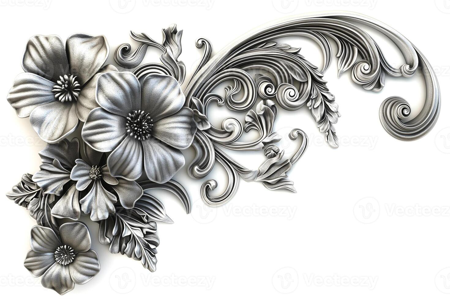 Elegant silver floral design with intricate details and flowing patterns. photo