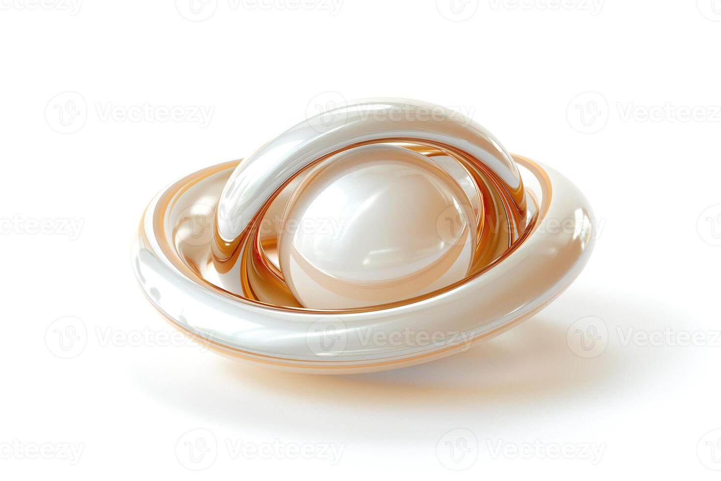 A stunning 3D abstract representation of rings surrounding a central orb, featuring smooth, glossy textures in white and soft peach tones. photo
