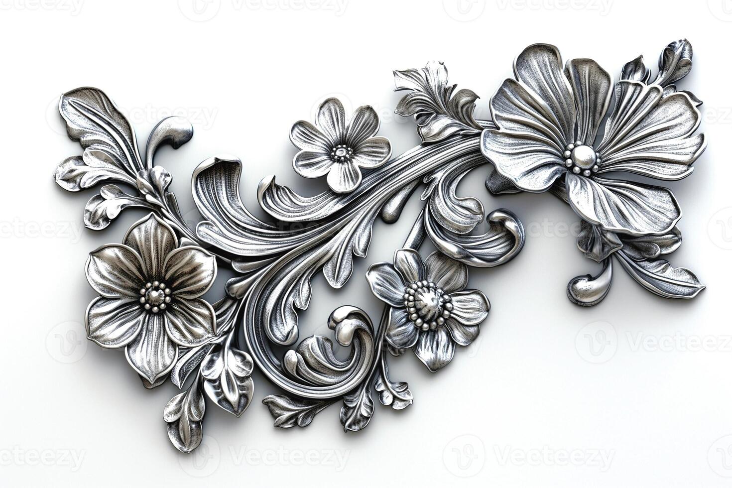 Intricate silver floral relief art showcasing elegant curves and detailed flower designs. photo