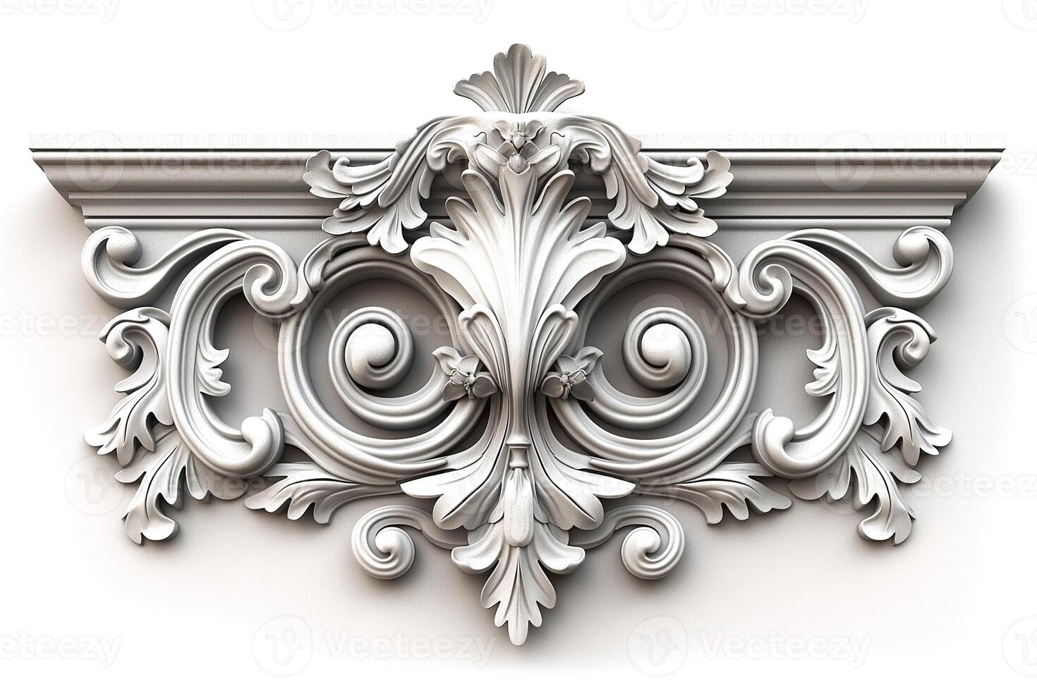 Intricate white plaster wall ornament showcasing baroque design, enhancing elegance and sophistication. photo