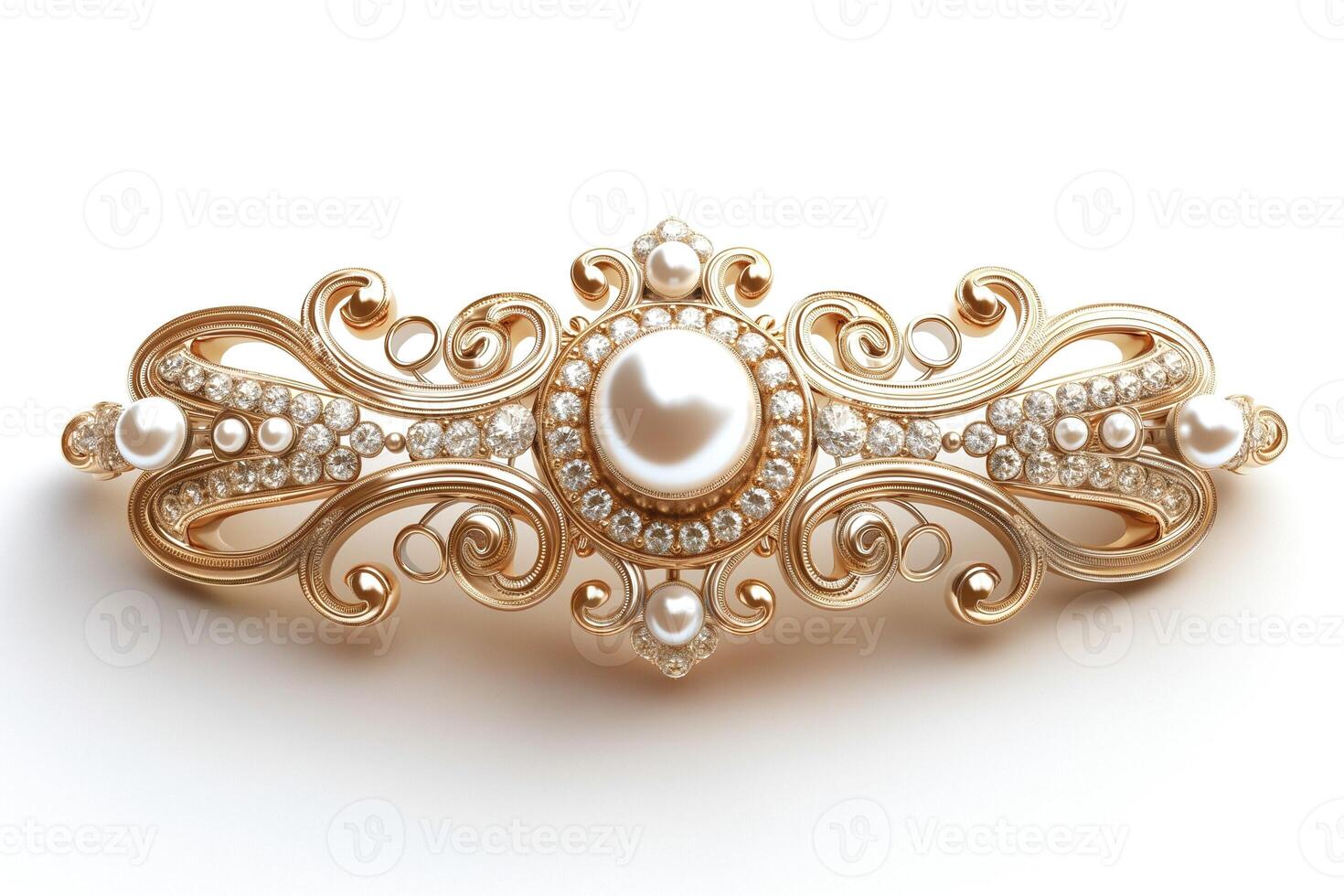 Elegant gold brooch adorned with intricate swirls and a central pearl, showcasing luxury and craftsmanship. photo