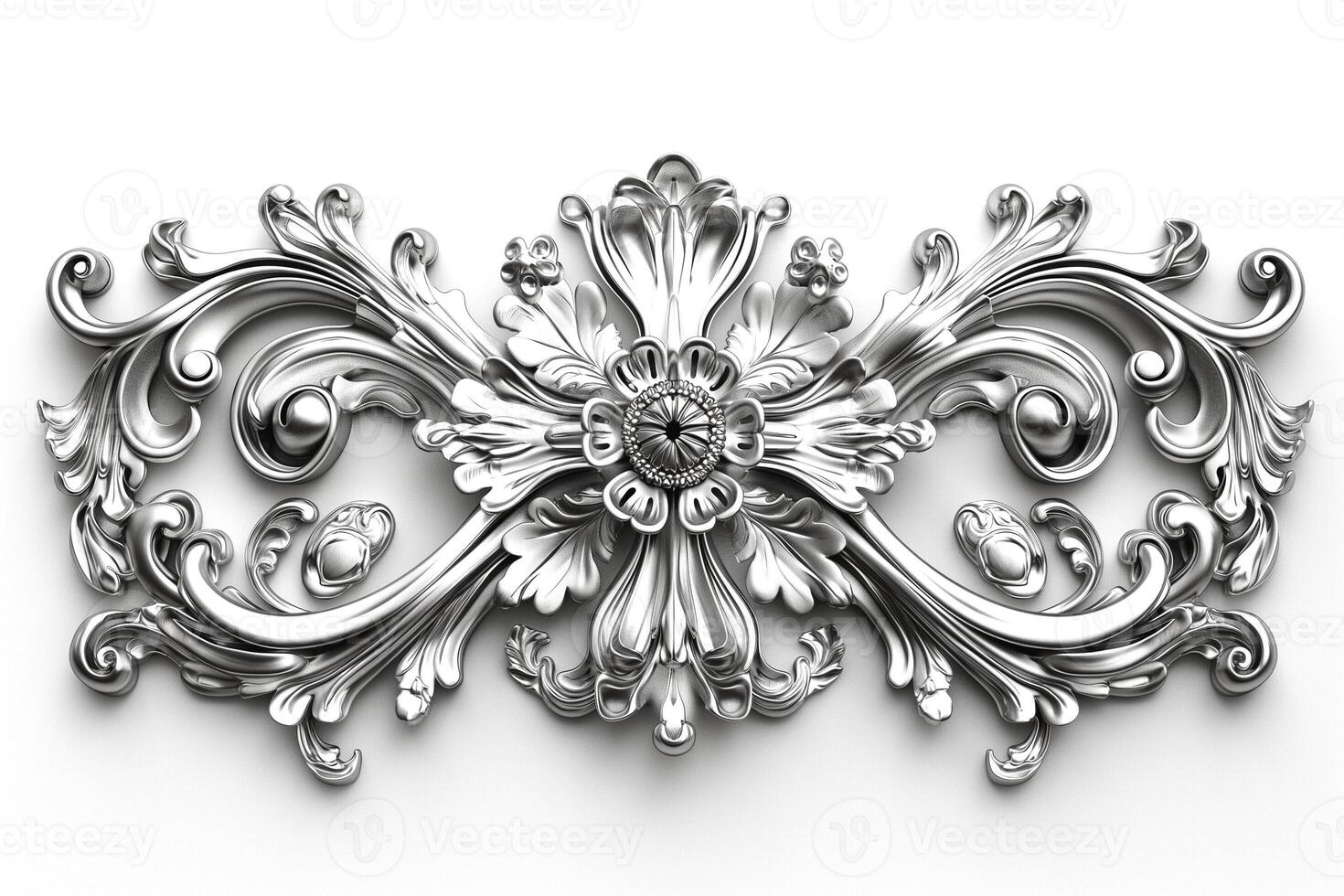 Ornate silver floral decoration with intricate patterns and elegant curves. photo