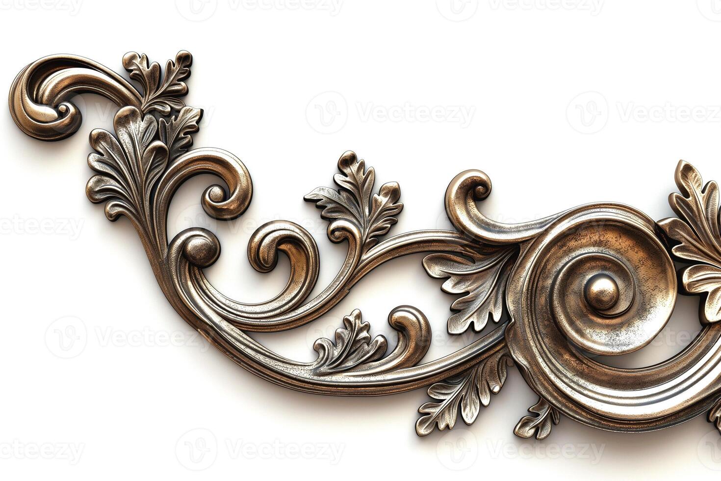 An intricate metallic decorative flourish featuring swirls and foliage. photo