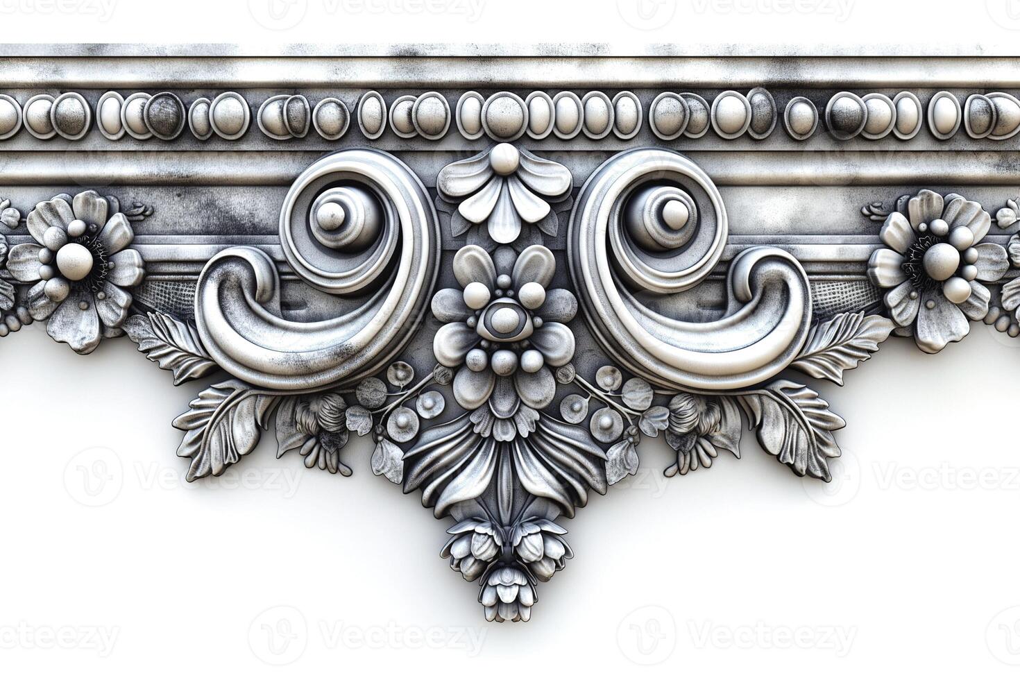Ornate white decorative relief featuring floral motifs and intricate scrollwork. photo