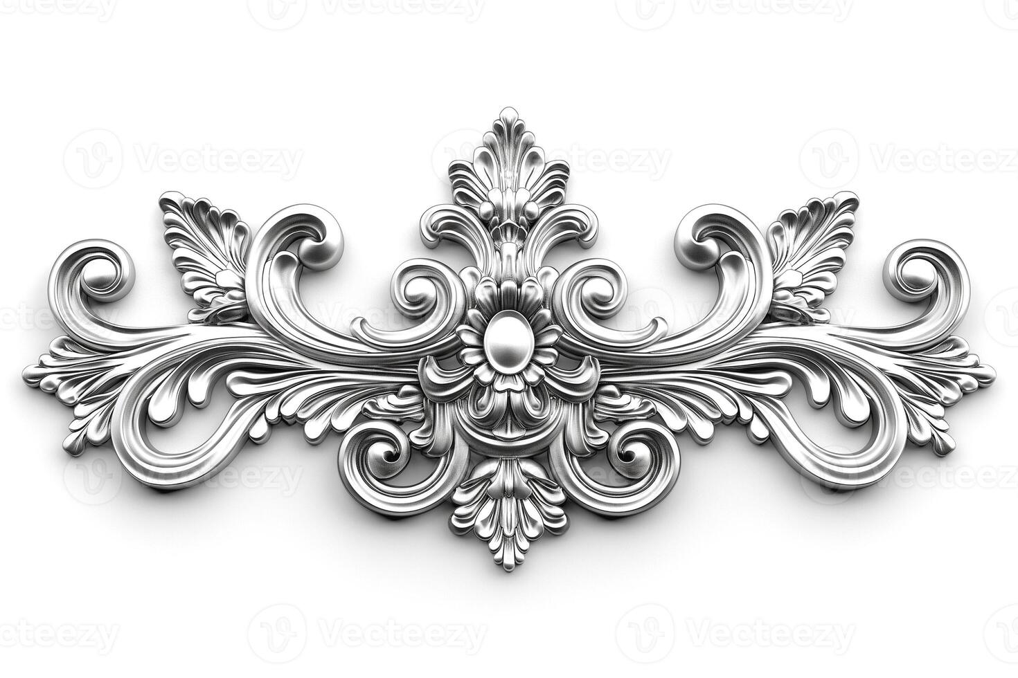 Intricate silver decorative ornament with floral patterns and elegant curves. photo