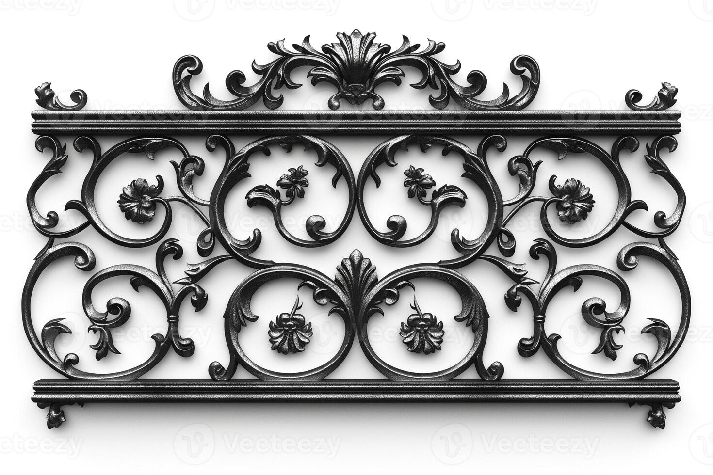 Intricate black wrought iron design with floral motifs showcasing elegance and craftsmanship. photo