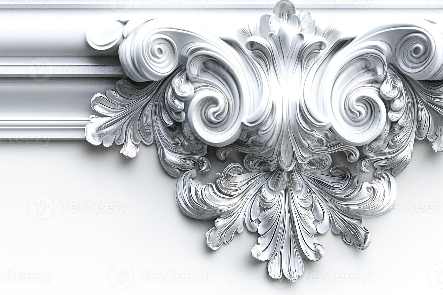 Elegant white ornate plaster molding with intricate swirls and leaves, showcasing a classic and luxurious design aesthetic. photo