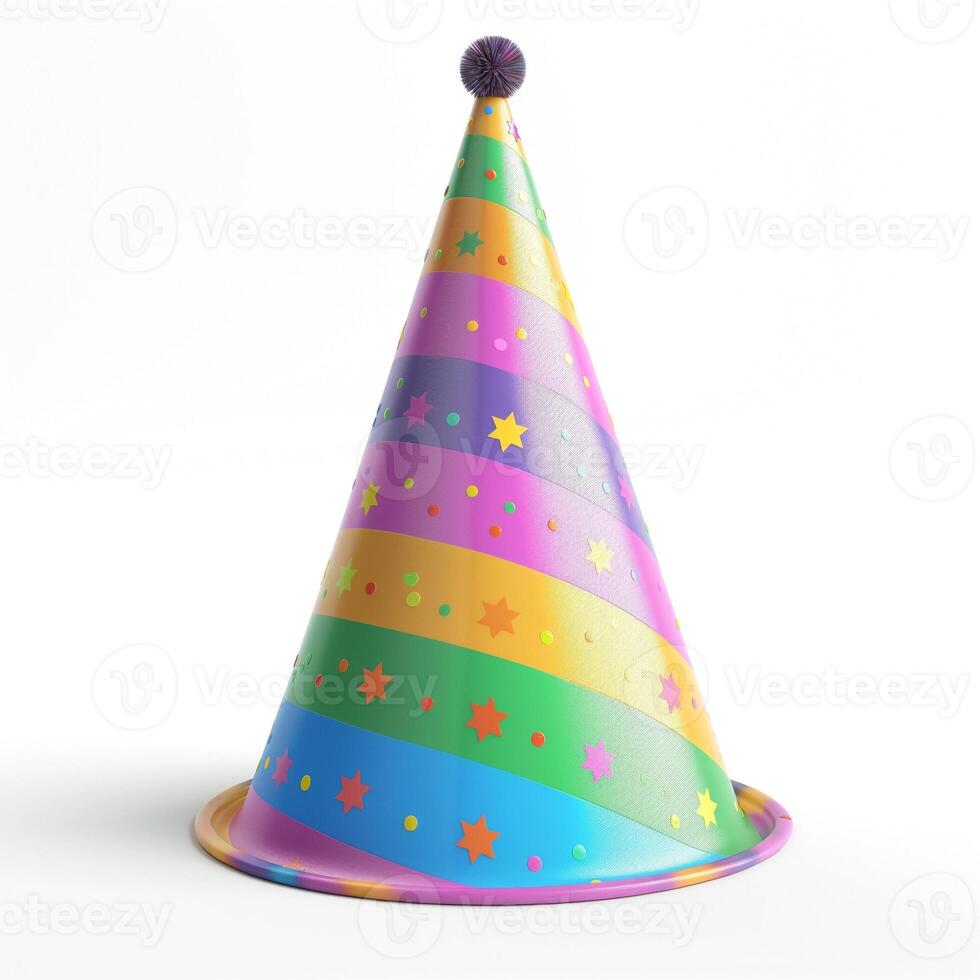 A colorful party hat with stripes and stars, perfect for celebrations and festive occasions. photo