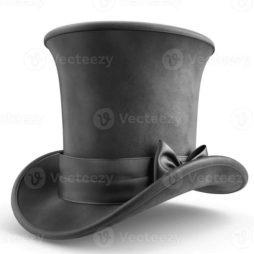 Elegant black top hat with a smooth finish and a satin bow, perfect for formal occasions. photo