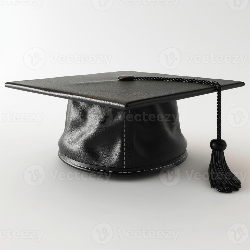 A classic black graduation cap featuring a smooth leather texture while resting on a light background. photo