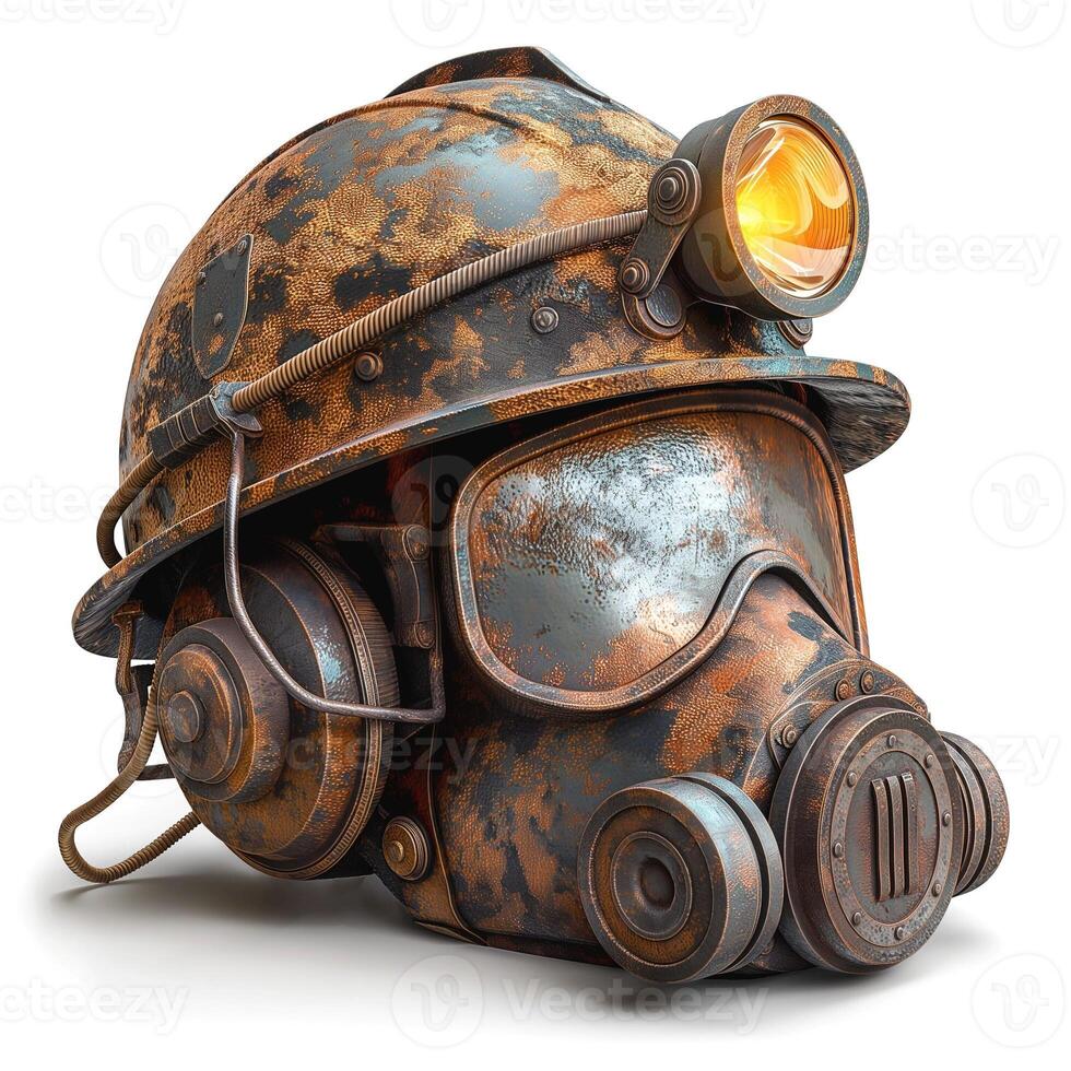 A weathered, vintage mining helmet with a headlamp, showcasing intricate textures and rust, evoking a sense of history and adventure. photo