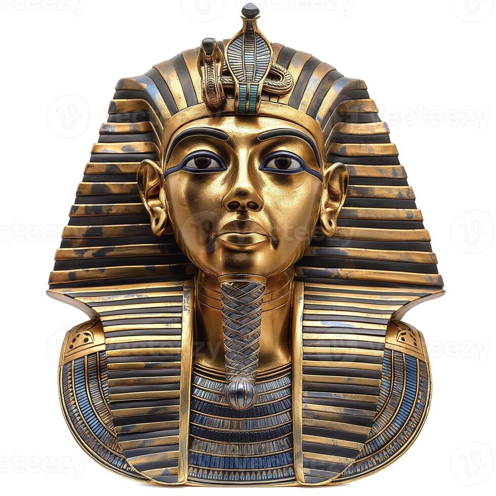 A stunning replica of a golden Egyptian pharaoh's mask, showcasing intricate detailing and rich colors. photo