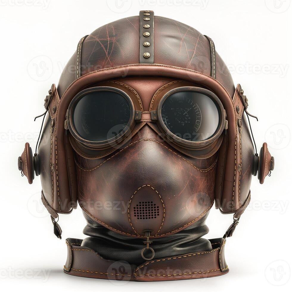 A vintage leather aviator helmet with goggles, featuring intricate stitching and a retro design. photo