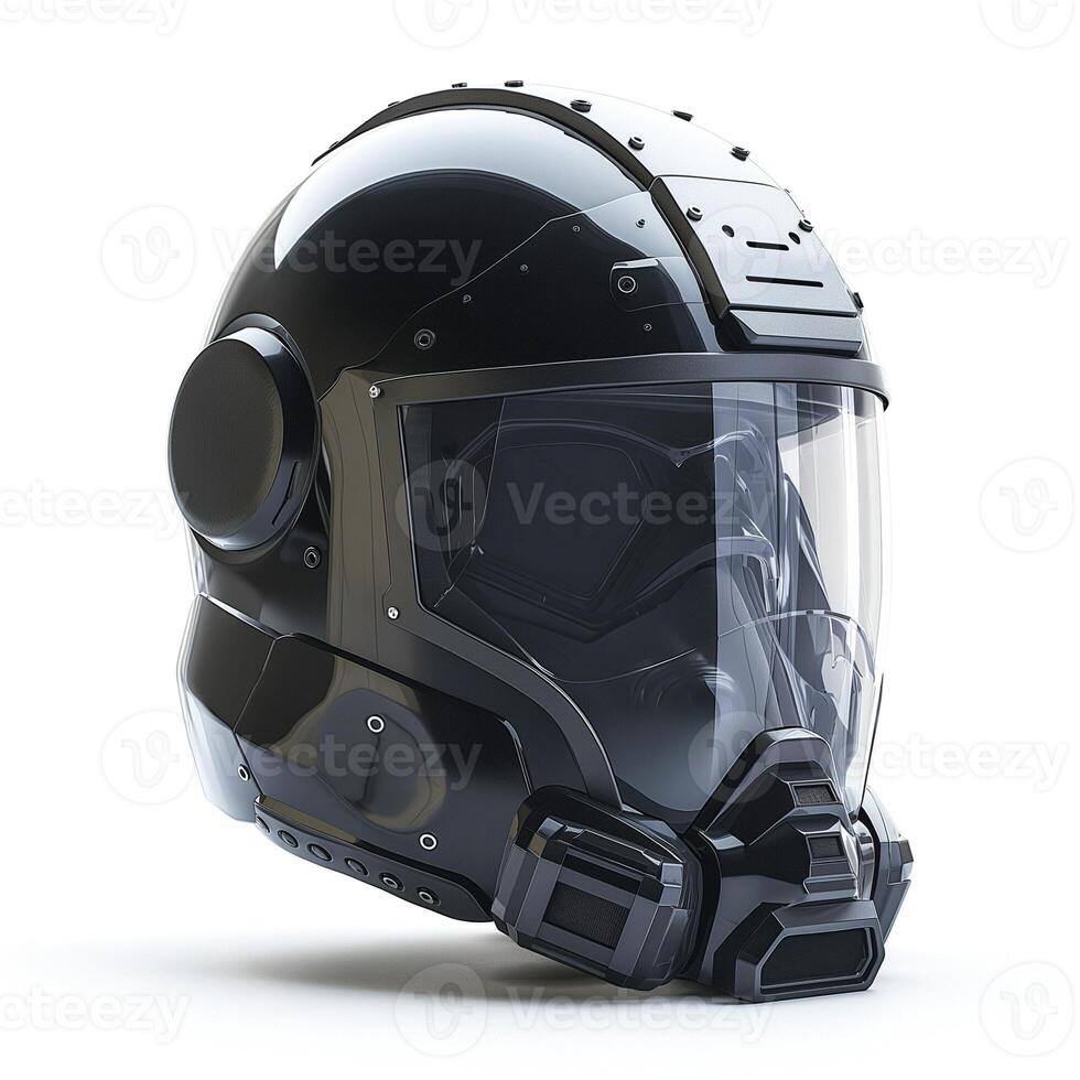 A sleek black futuristic helmet featuring advanced technology and a transparent visor, perfect for high-intensity activities. photo
