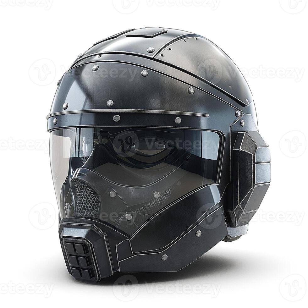 A sleek, futuristic black helmet with a shiny visor and metallic studs, embodying strength and protection. photo