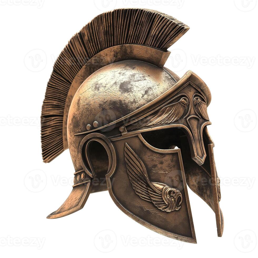 Close-up of a bronze gladiator helmet with intricate engravings and a dramatic crest, evoking the spirit of ancient battles. photo