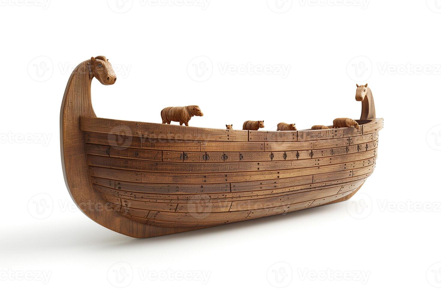 Intricately crafted wooden model of Noah's Ark featuring various animals on board. photo