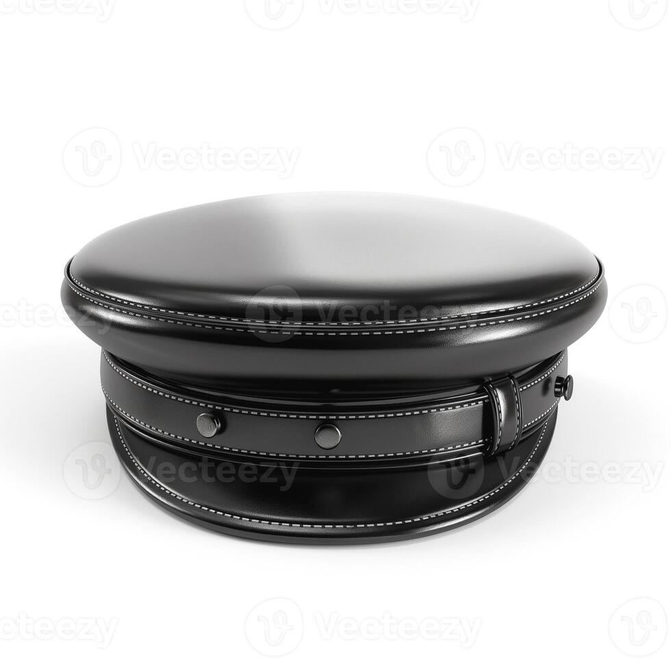 A stylish black leather hat with intricate stitching and a buckle detail, showcasing modern design elements. photo
