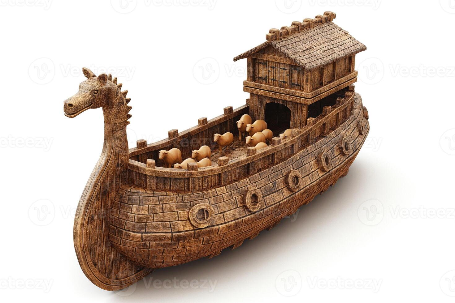 A beautifully crafted wooden ship resembling a Viking longship, featuring a detailed dragon head and miniature figures inside. photo