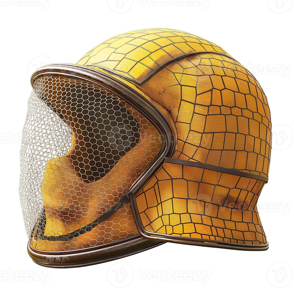 Intricate yellow helmet with a mesh design, showcasing a blend of futuristic and vintage elements. photo