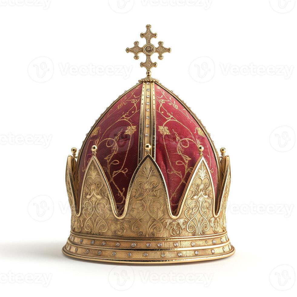 A luxurious gold crown with intricate designs and red fabric, symbolizing royalty and power. photo