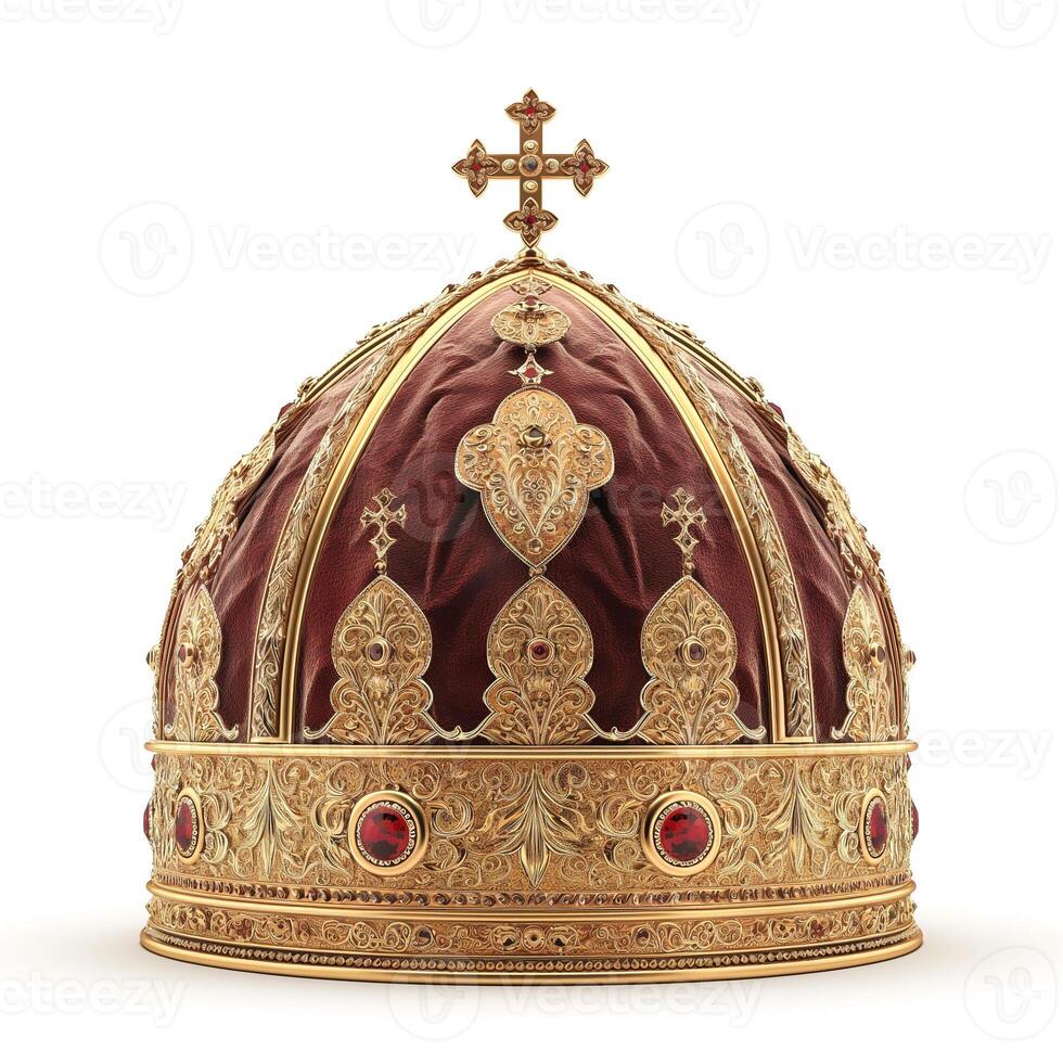 An ornate golden crown featuring intricate designs and deep red velvet, symbolizing royalty and power. photo