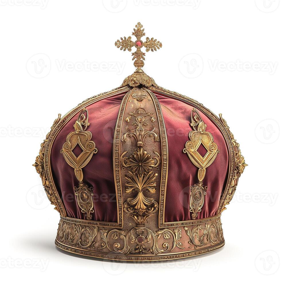 An ornate royal crown featuring rich red fabric and intricate golden detailing, symbolizing power and nobility. photo
