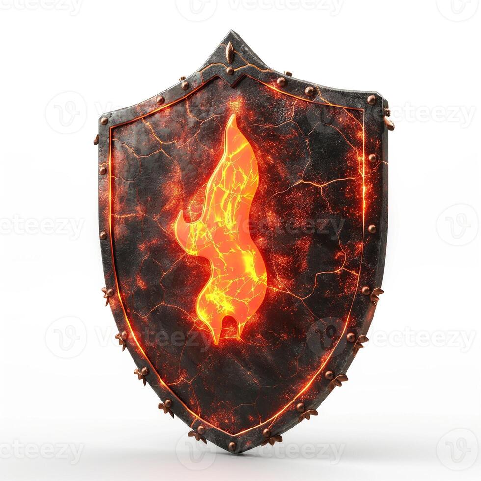 A striking black shield with a glowing, fiery emblem at its center, exuding power and strength. photo