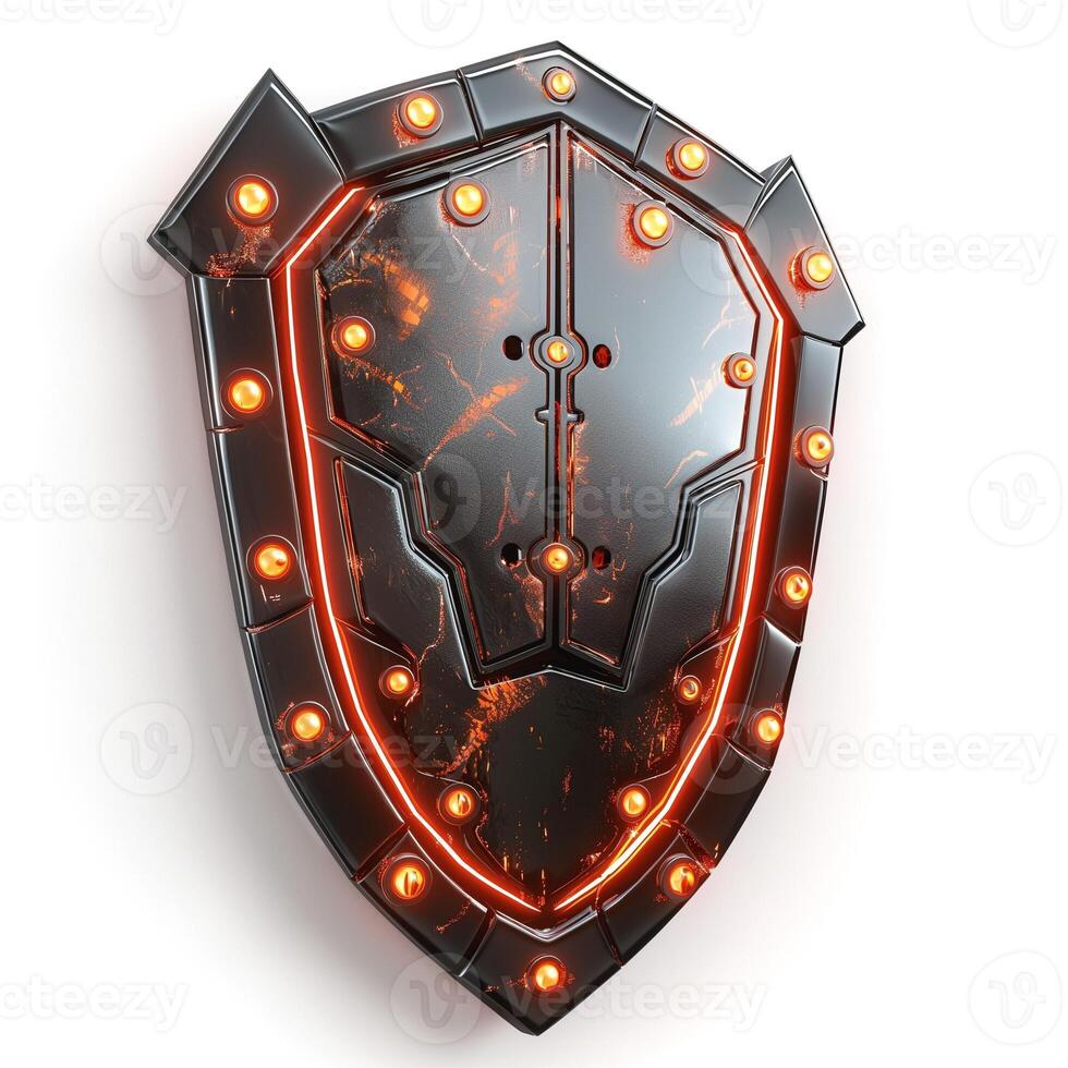 A striking black and orange futuristic shield with lights, symbolizing strength and protection. photo