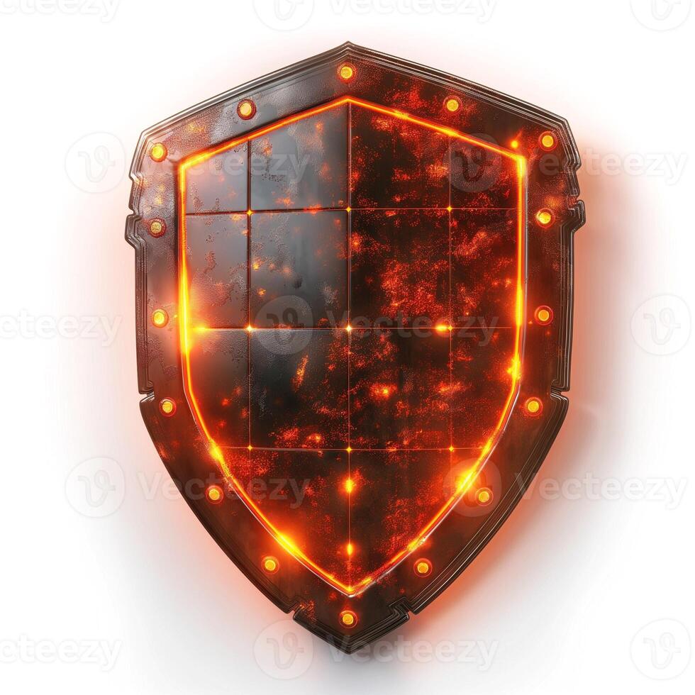 Glowing orange shield with a textured surface, symbolizing protection and strength. photo