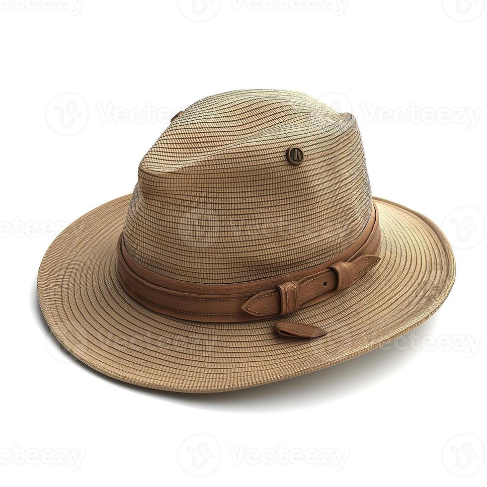 A stylish beige safari hat with a leather band, perfect for outdoor adventures and sunny days. photo