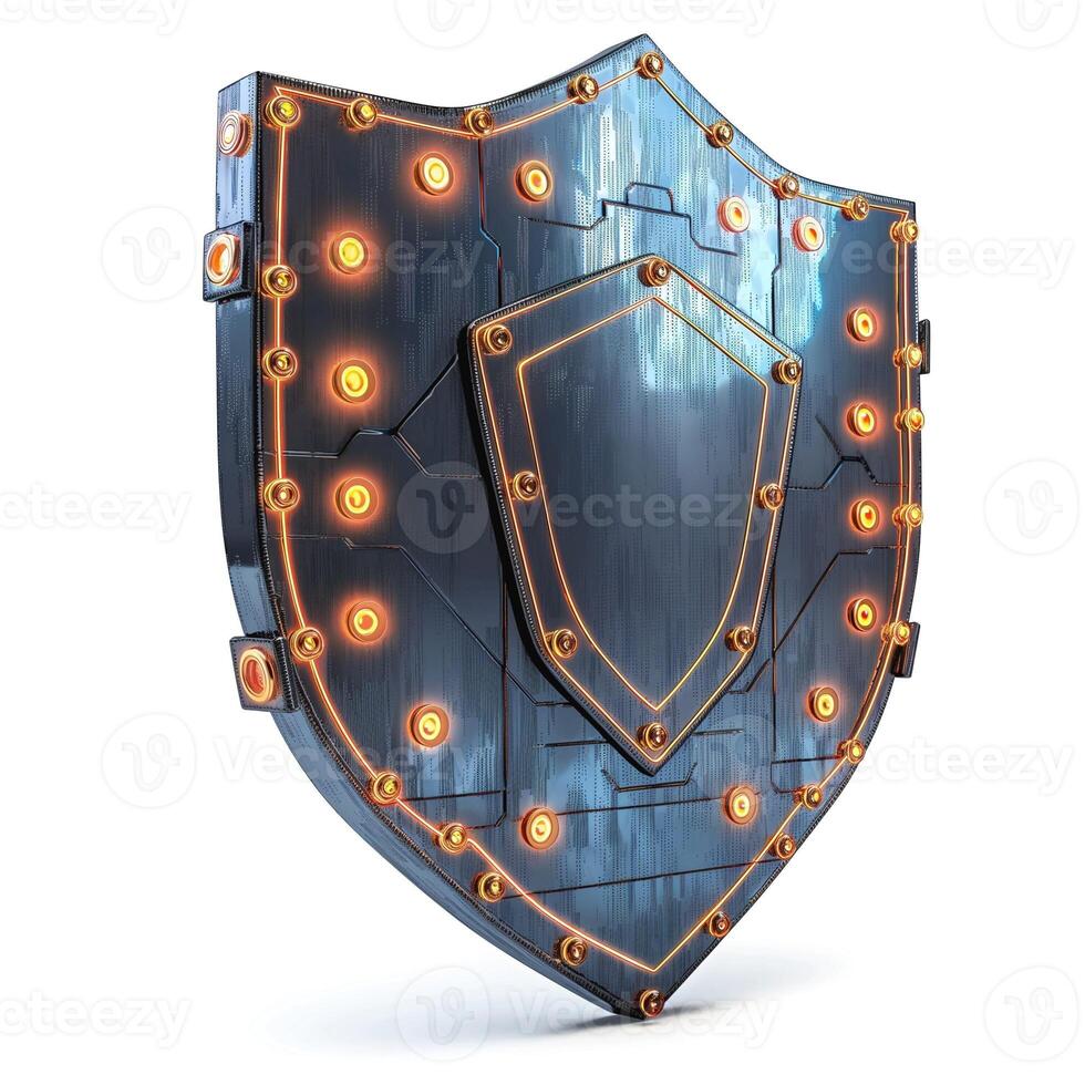 A futuristic, illuminated digital shield with glowing elements, symbolizing protection and cybersecurity. photo