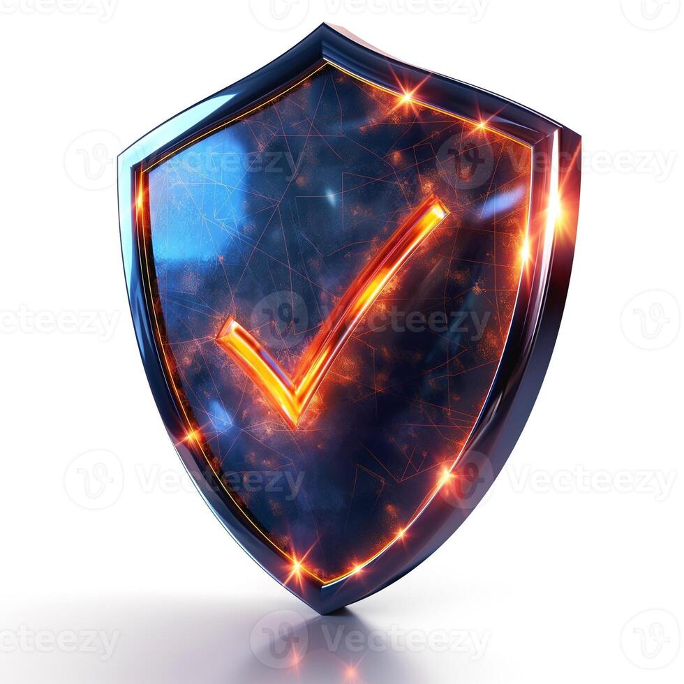 A vibrant blue shield with a glowing orange check mark representing security and trust. photo