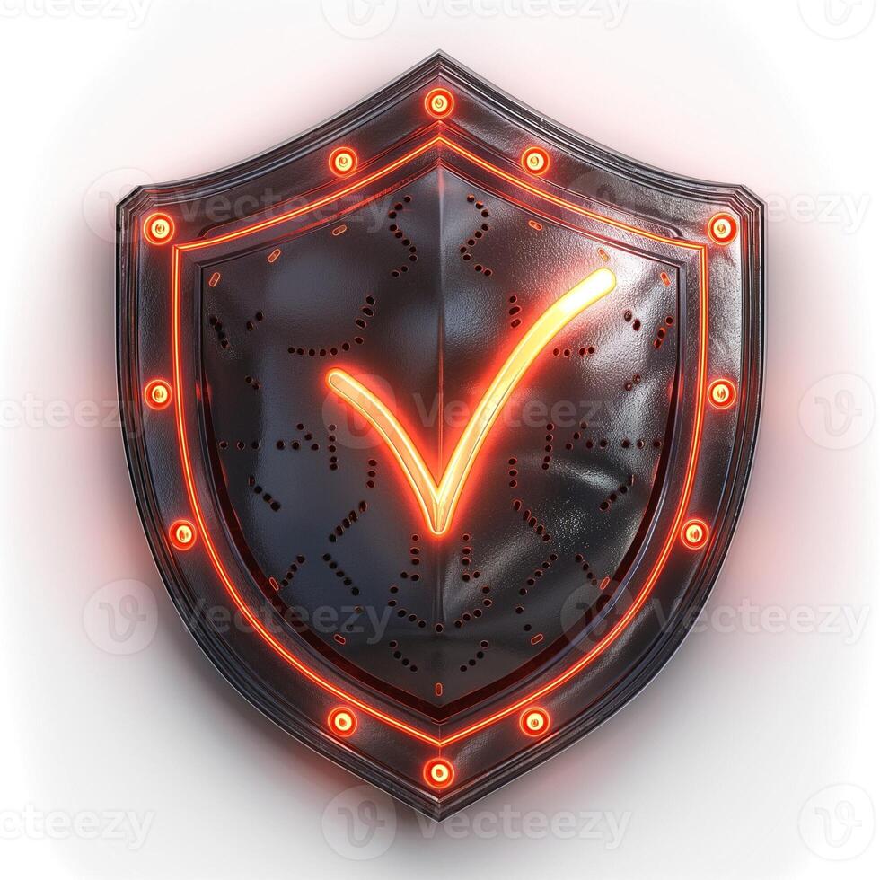 A stylized black shield featuring an illuminated orange check mark, symbolizing security and validation. photo