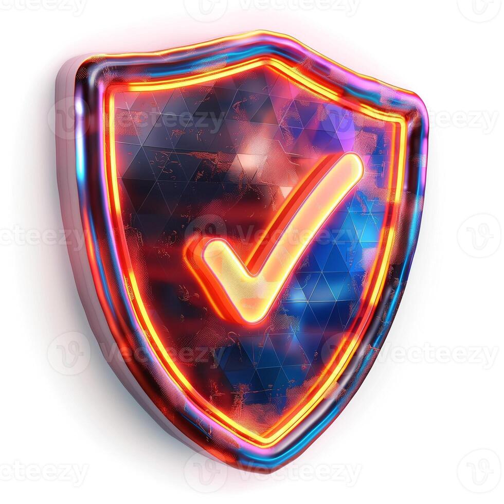 A vibrant, neon-lit shield icon with a check mark, symbolizing security and trust. photo