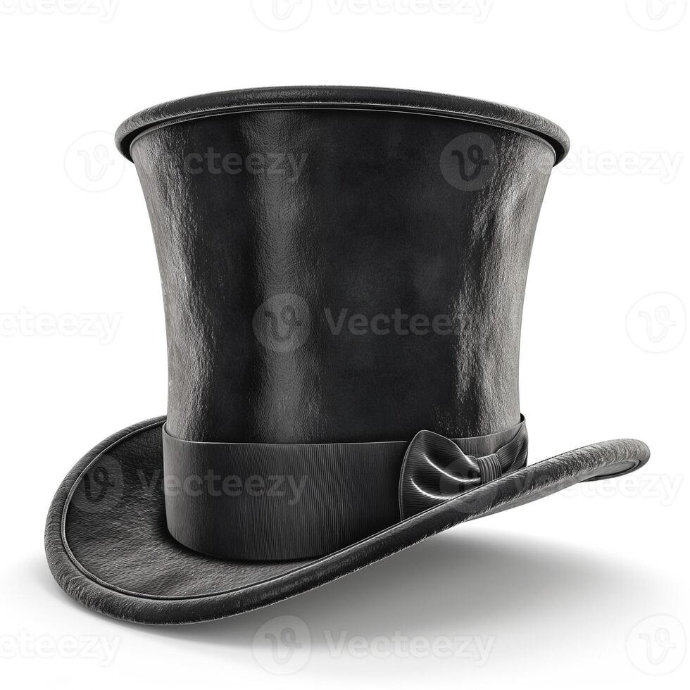 Elegant black top hat, showcasing a glossy finish and classic design, perfect for formal occasions or vintage themed events. photo