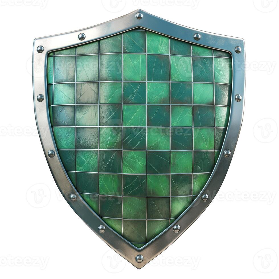 A sturdy, green-tinted shield with a metallic border, showcasing a unique pattern that blends elegance and protection. photo