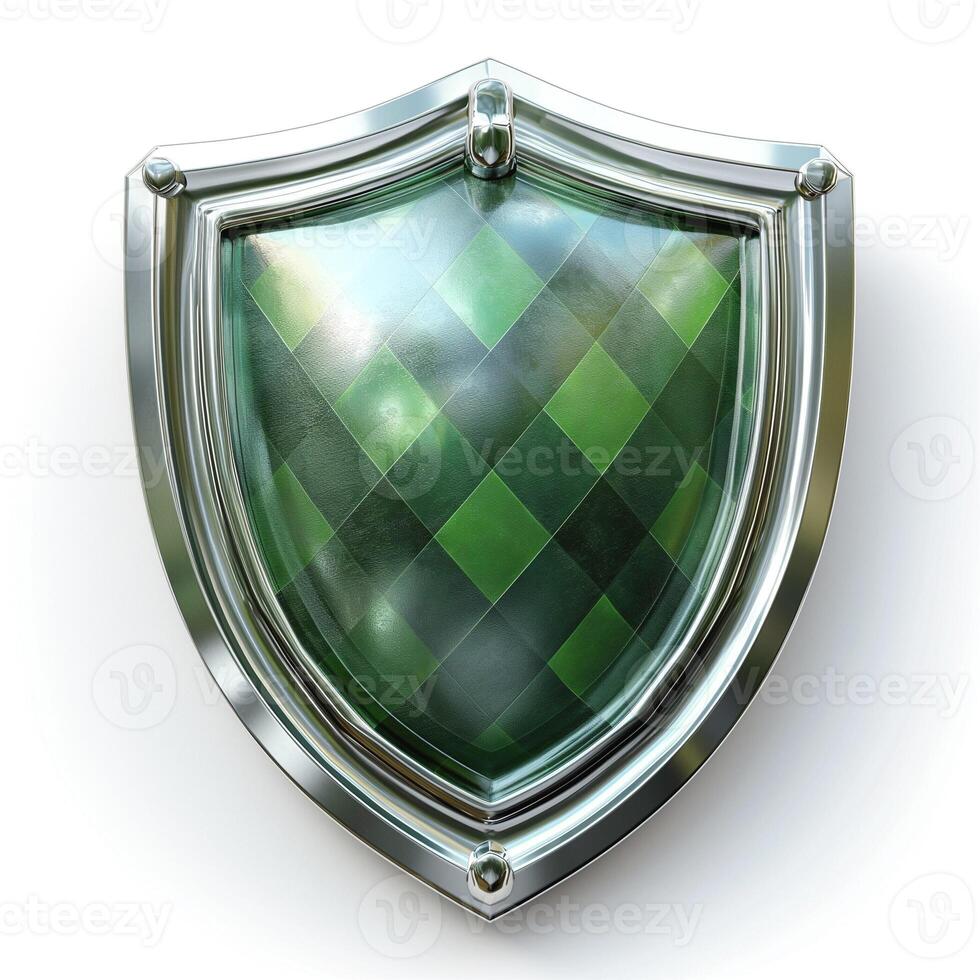 A striking shield design featuring a glossy green and metallic finish, symbolizing protection and strength. photo