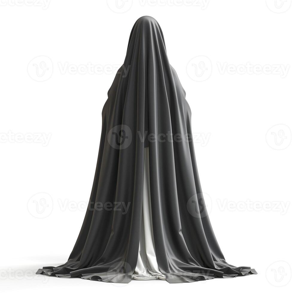 A mysterious cloaked figure shrouded in flowing black and white fabric, evoking intrigue and curiosity in a minimalist setting. photo
