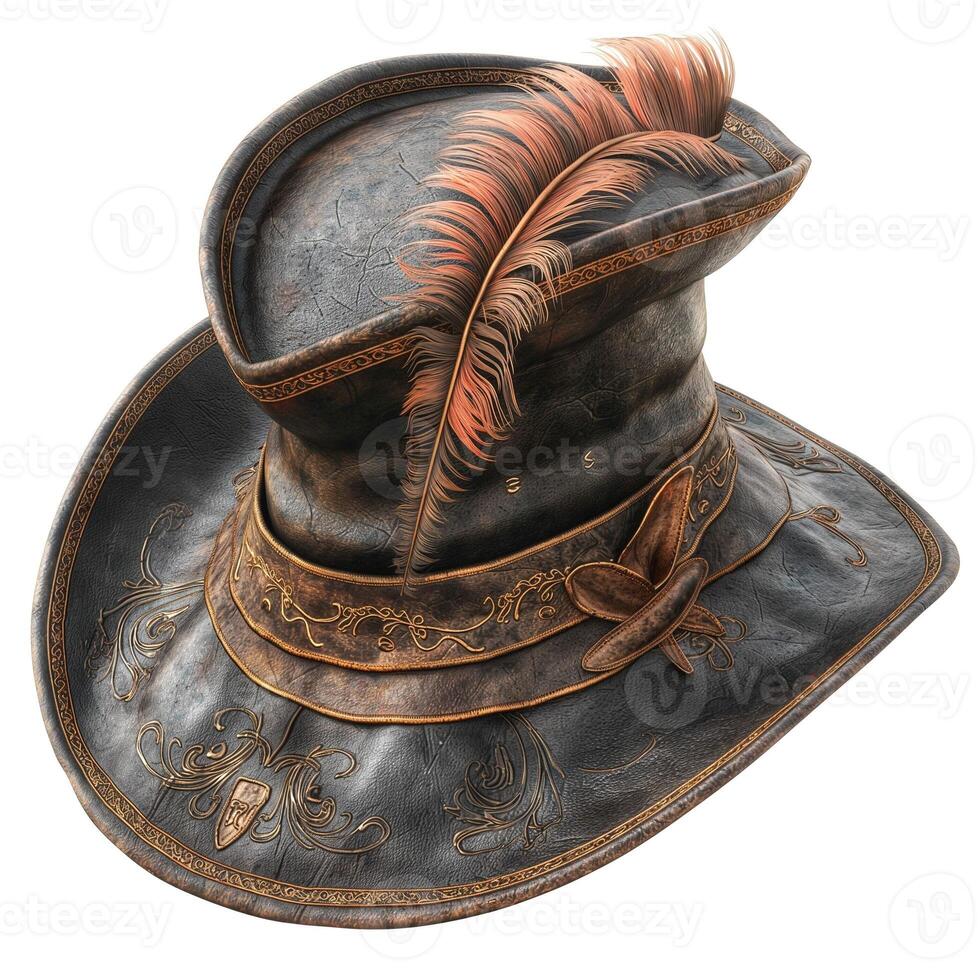 Intricately designed men's leather hat adorned with a feather, showcasing vintage craftsmanship. photo