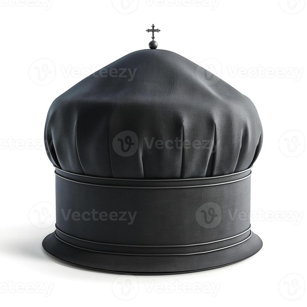 A traditional black ecclesiastical hat, featuring a simple cross ornament, showcasing its unique shape and texture. photo