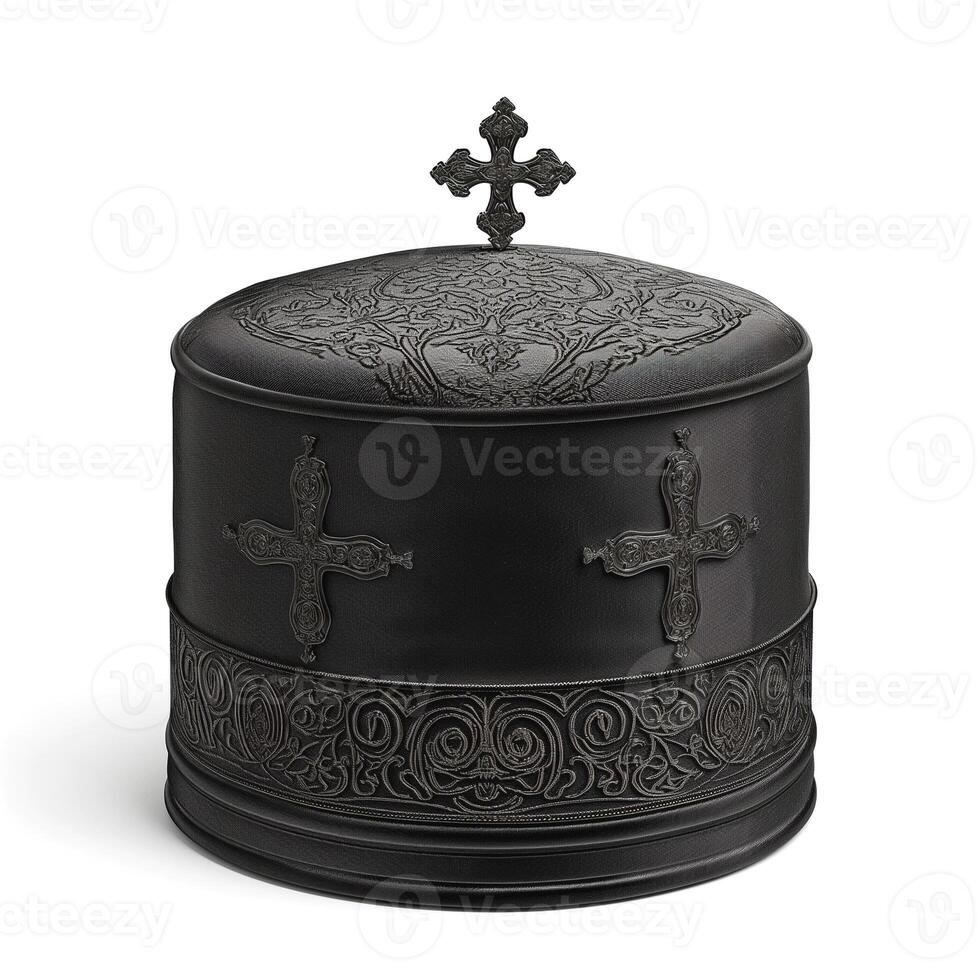 Elegant black decorative box with intricate cross designs, perfect for storage or display in a religious or artistic setting. photo