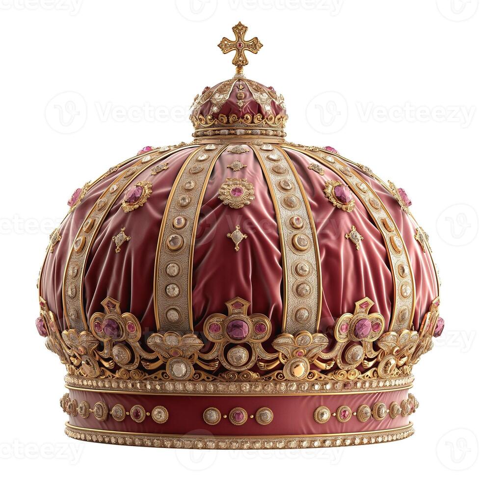 Ornate golden crown adorned with vibrant gemstones, showcasing intricate detailing and a regal elegance. photo