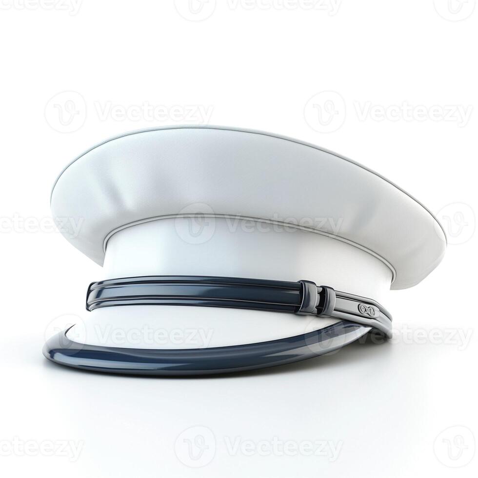 A classic white uniform hat with a navy blue band, symbolizing authority and professionalism. photo