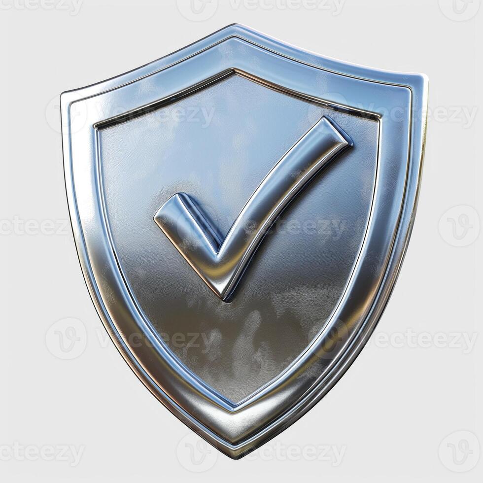 A sleek, metallic shield featuring a prominent checkmark, symbolizing security and trustworthiness. photo