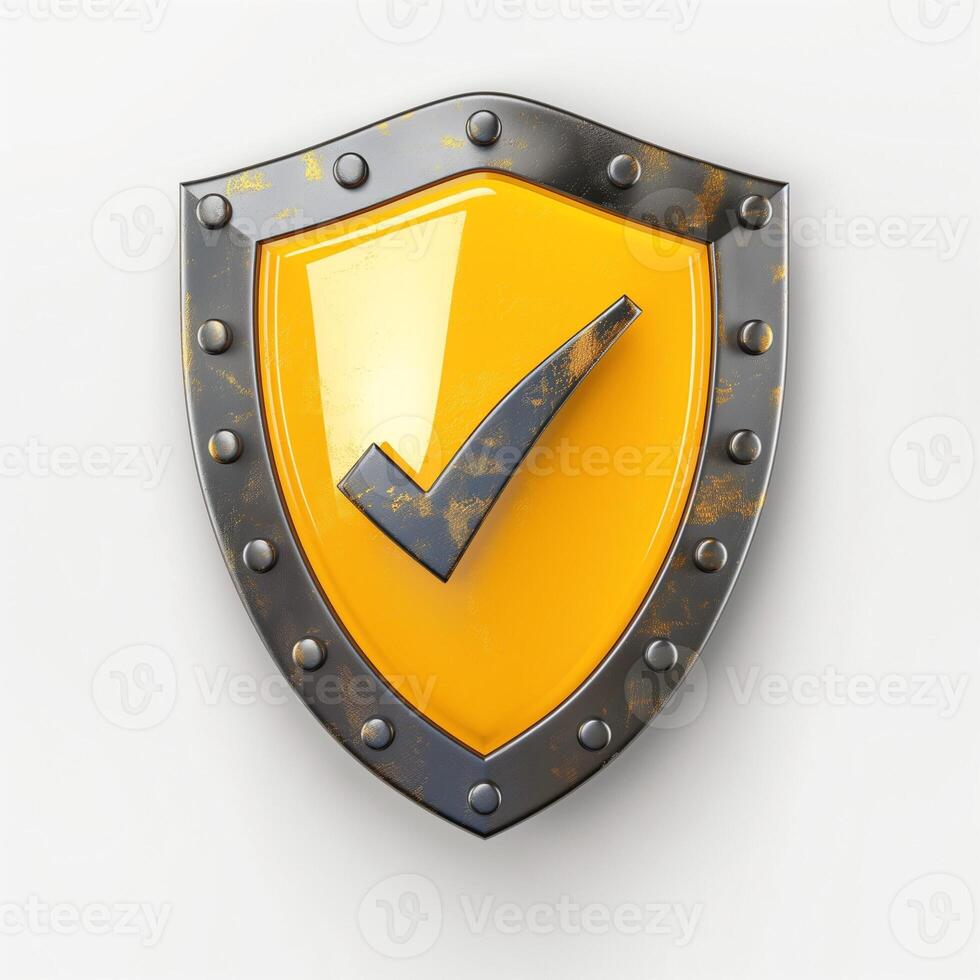 A glossy yellow shield with a checkmark against a clean white background, symbolizing security and approval. photo