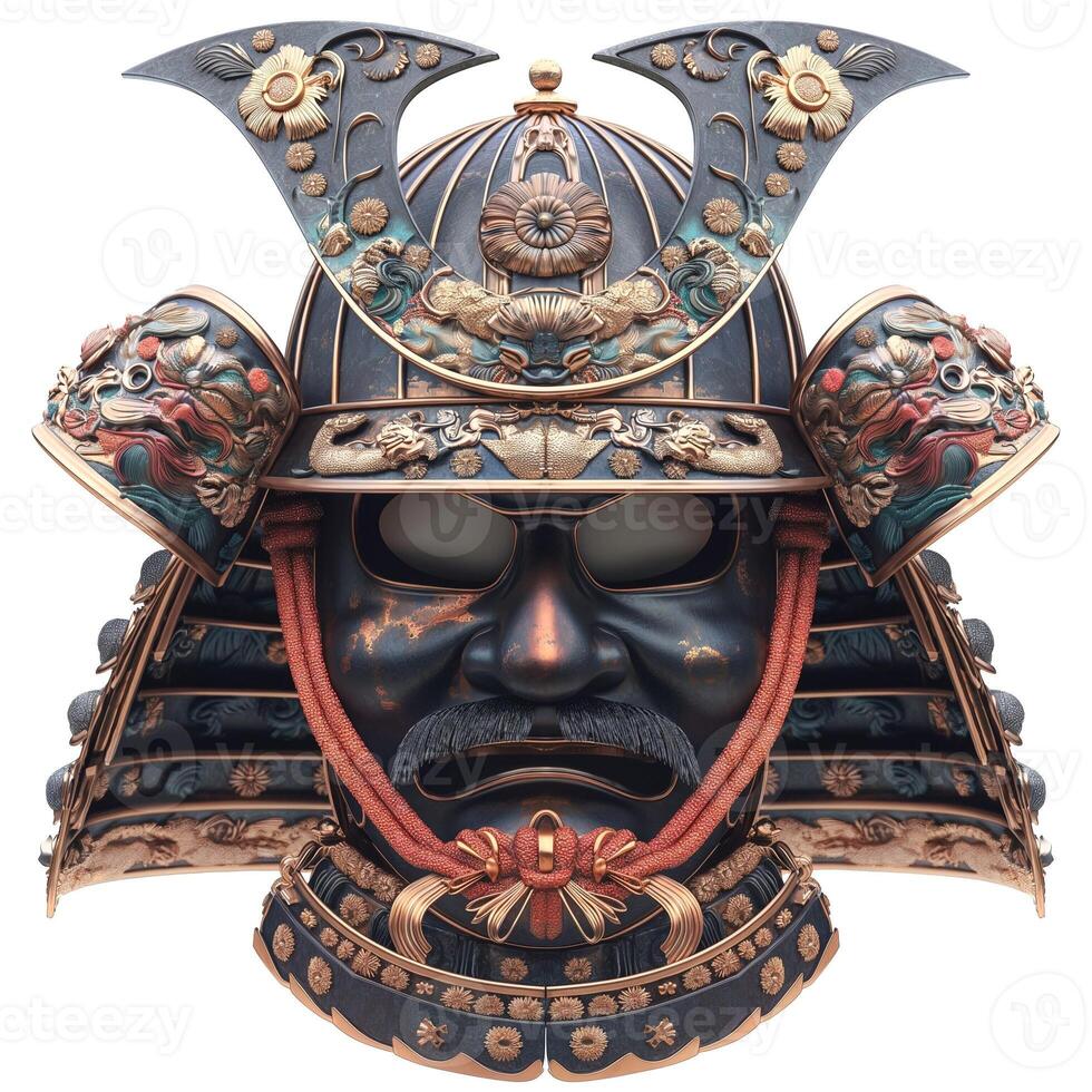 A striking samurai helmet showcasing intricate design elements and fierce expression, embodying the spirit of ancient Japanese warriors. photo