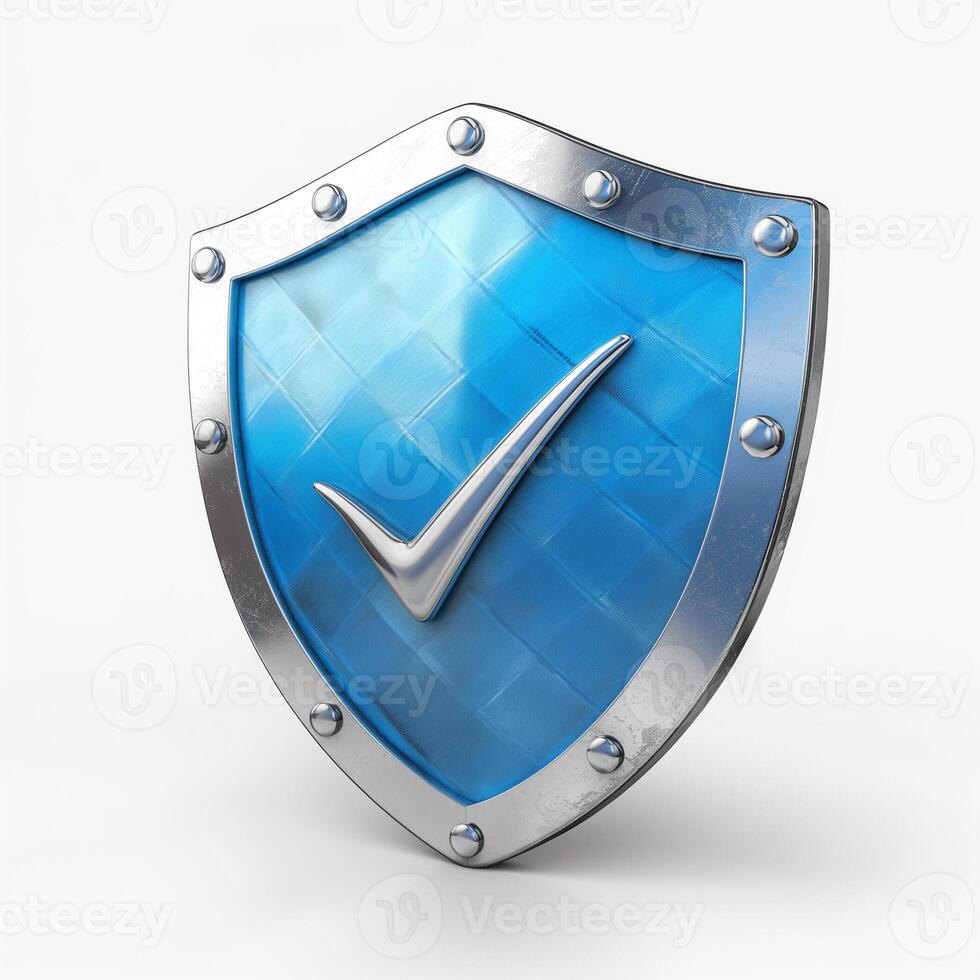 A glossy blue shield with a silver check mark, symbolizing security and trust. photo