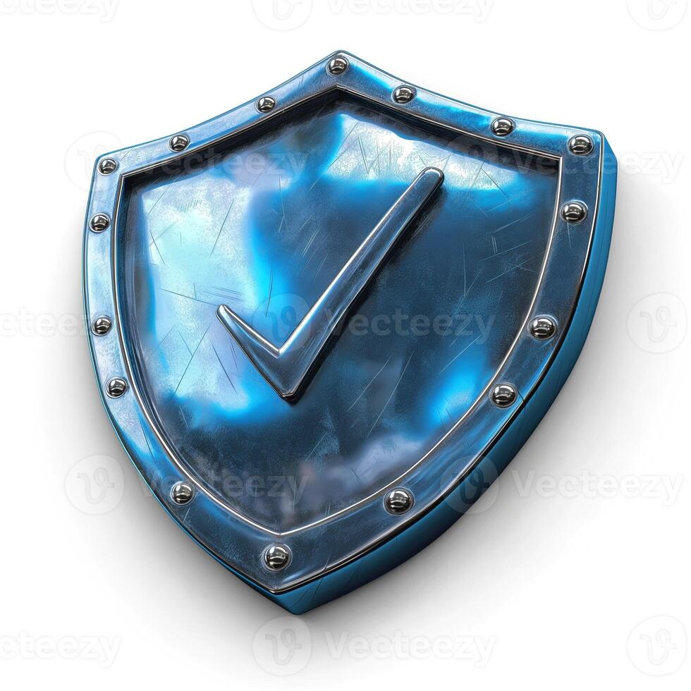 A metallic blue shield with a checkmark, symbolizing security and trust. photo