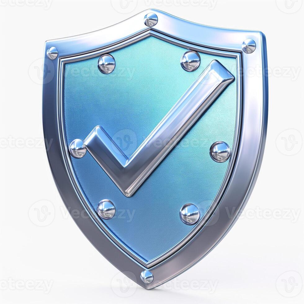 A shiny blue shield icon featuring a checkmark, symbolizing security and protection. photo